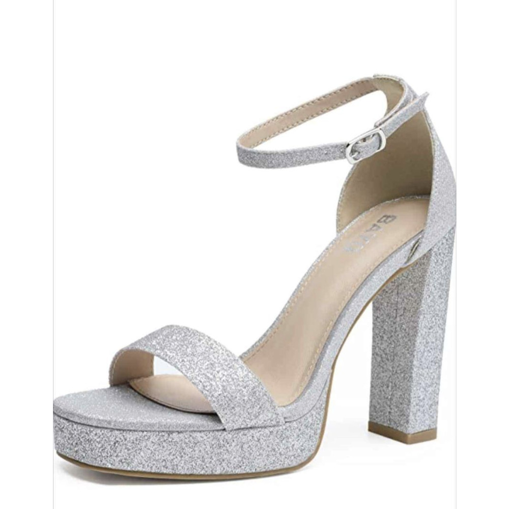 BAYQ Women's Platform Chunky Heel Ankle Strap Silver Open Toe Shoes Size 9